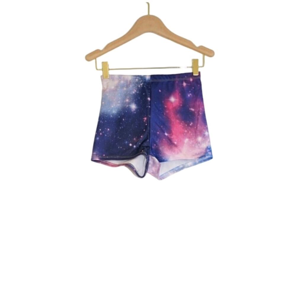 Outer Space High-Waisted Fitted Shorts in Galaxy Print Purple Pink Blue / Size M